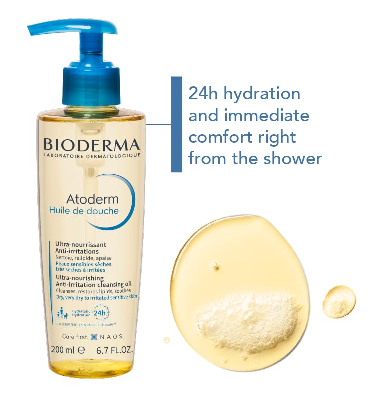 Bioderma Atoderm Shower-Oil, Cleansing-Oil For Face & Body, Nourishing Cleansing Oil For Dry to Atopic Sensitive Skin For Softer & Smooth Skin For Your Whole Family
