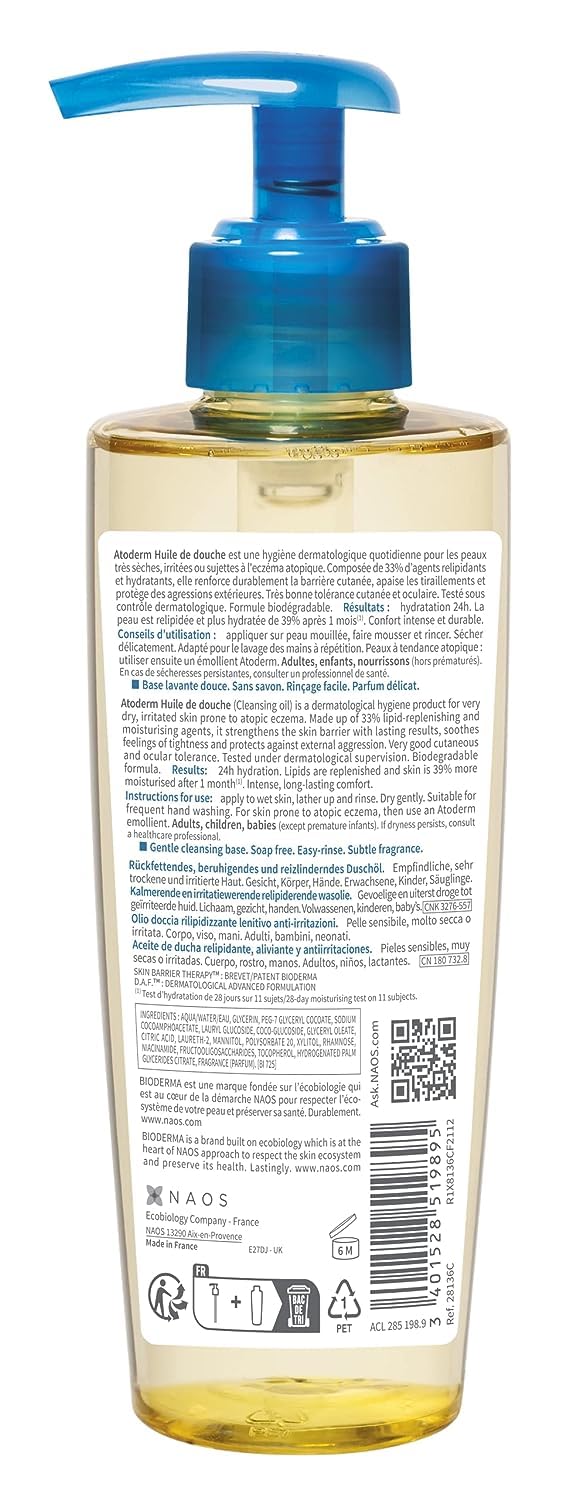 Bioderma Atoderm Shower-Oil, Cleansing-Oil For Face & Body, Nourishing Cleansing Oil For Dry to Atopic Sensitive Skin For Softer & Smooth Skin For Your Whole Family
