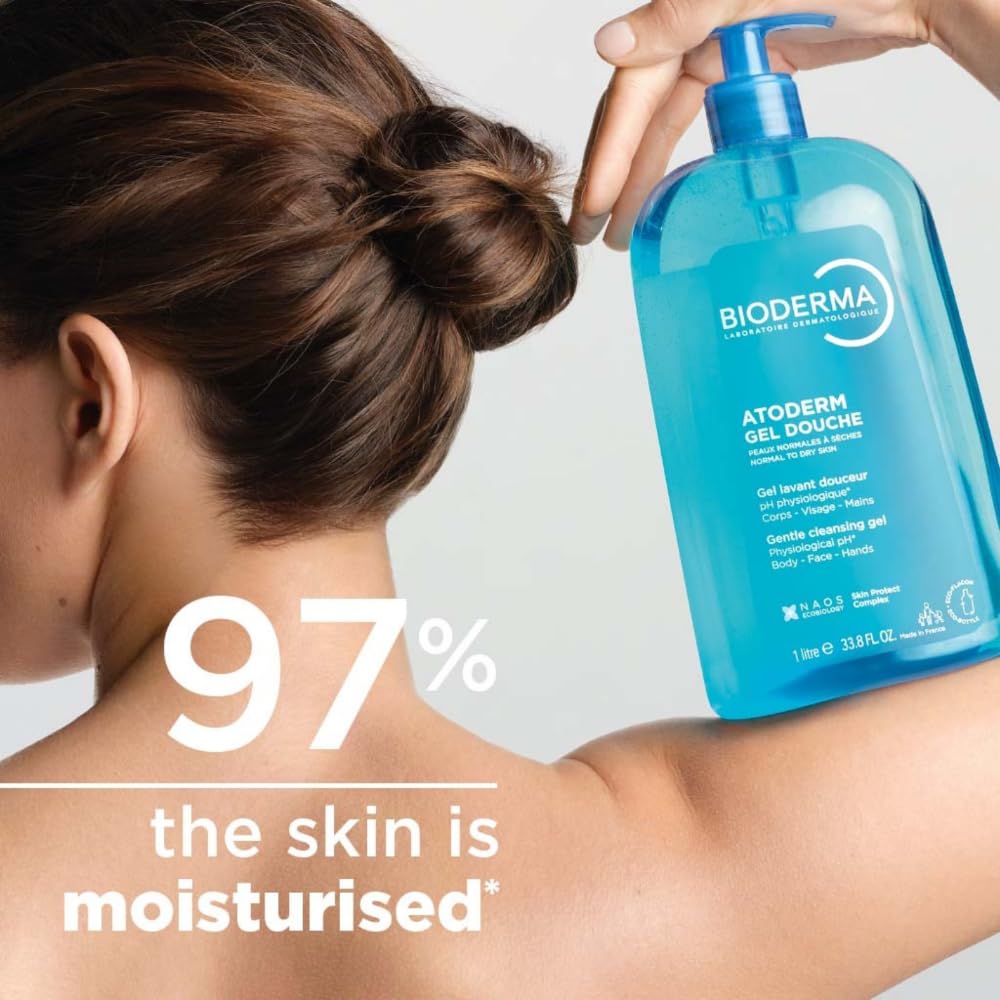 Bioderma Atoderm Hydrating Shower Gel, Moisturizing Face and Body Cleanser, Body Wash for Normal to Dry Sensitive Skin, 1L