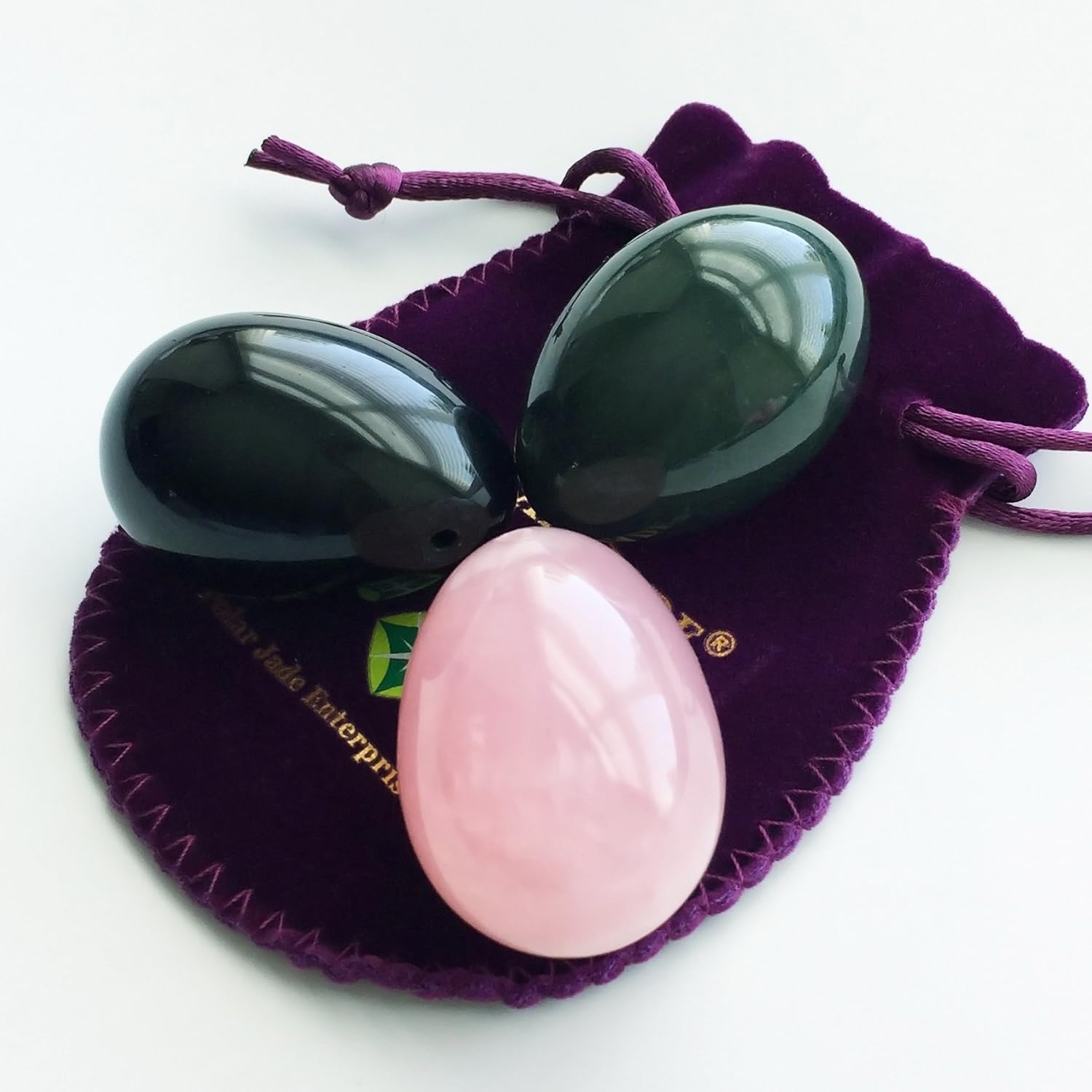 Set of 3 Gemstones Eggs Made of Nephrite Jade, Rose Quartz & Obsidian, All Medium Size and Drilled, with Thread, User Instructions and Certificates, by Polar Jade