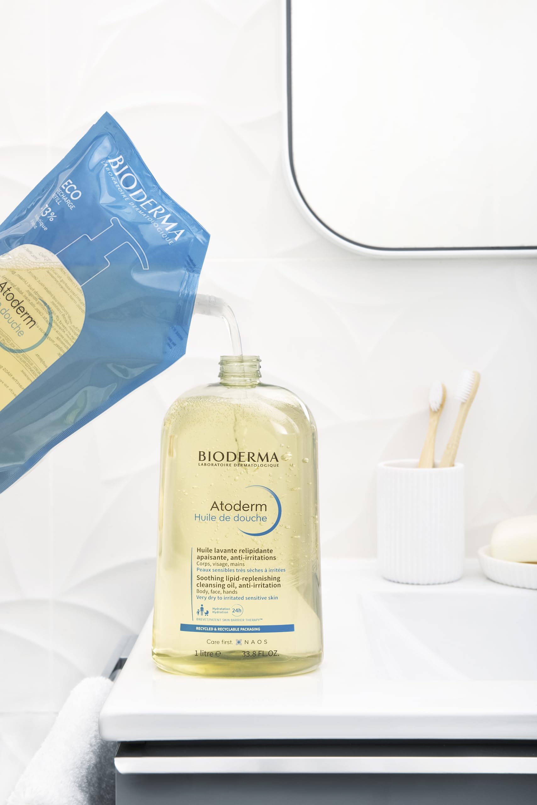 Bioderma Atoderm Shower-Oil, Cleansing-Oil For Face & Body, Nourishing Cleansing Oil For Dry to Atopic Sensitive Skin For Softer & Smooth Skin For Your Whole Family