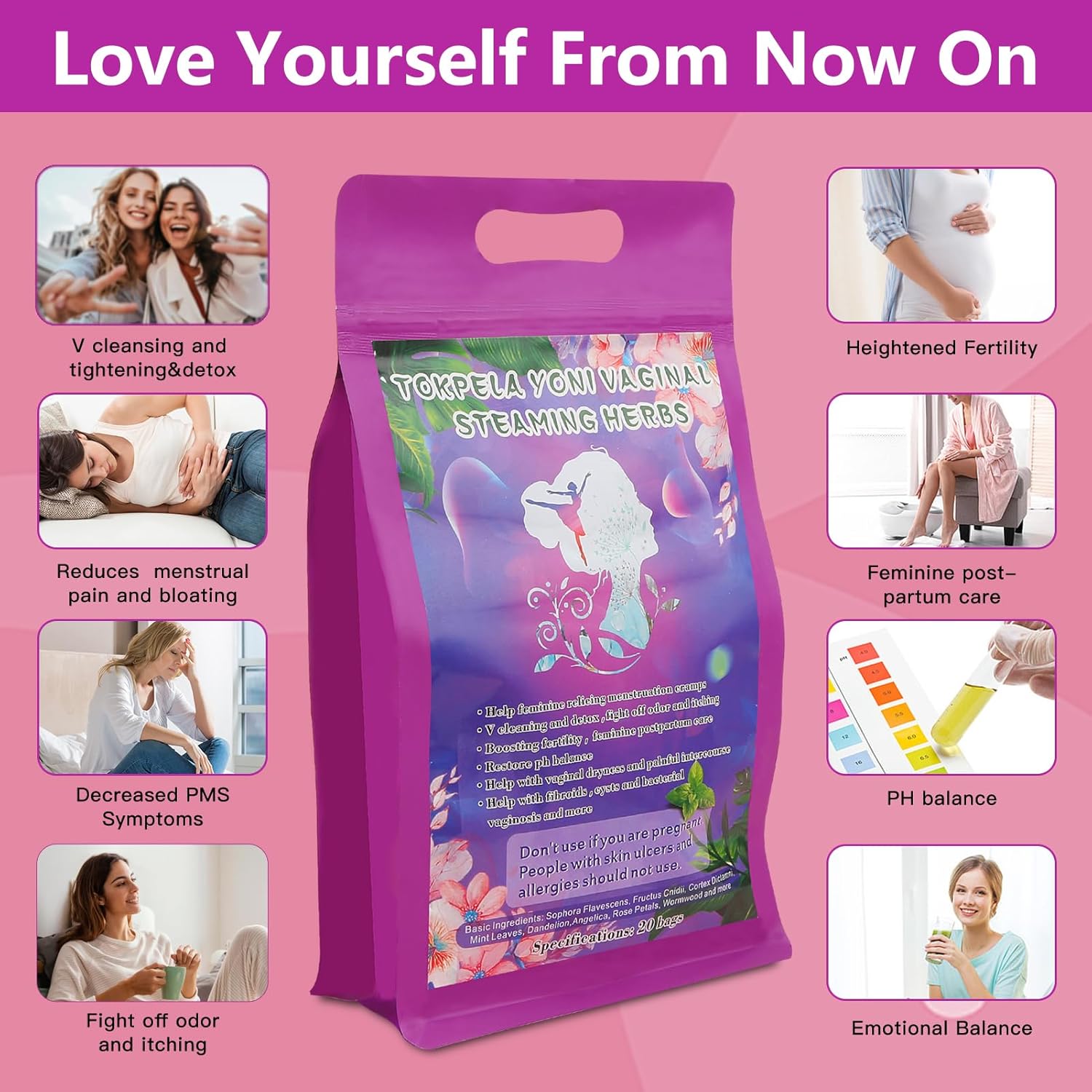 Yoni Herbs for Cleansing and Tightening, 100% Organic V Steaming Herbs (Filter Bag Packaging, Yoni Kit，V Steam Herbs Tone & Rejuvenate for Women - V Cleansing, Ph Balance, 20 Steams