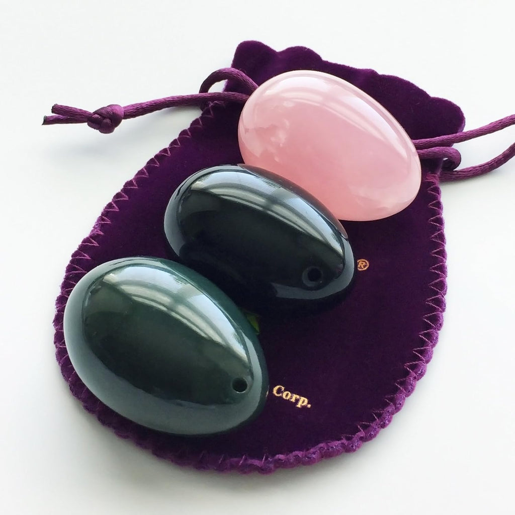 Set of 3 Gemstones Eggs Made of Nephrite Jade, Rose Quartz & Obsidian, All Medium Size and Drilled, with Thread, User Instructions and Certificates, by Polar Jade