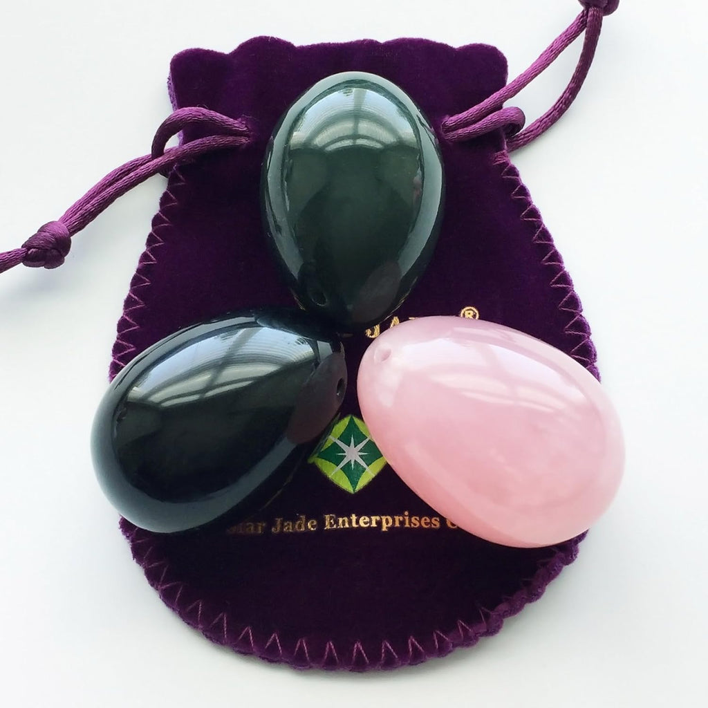 Set of 3 Gemstones Eggs Made of Nephrite Jade, Rose Quartz & Obsidian, All Medium Size and Drilled, with Thread, User Instructions and Certificates, by Polar Jade