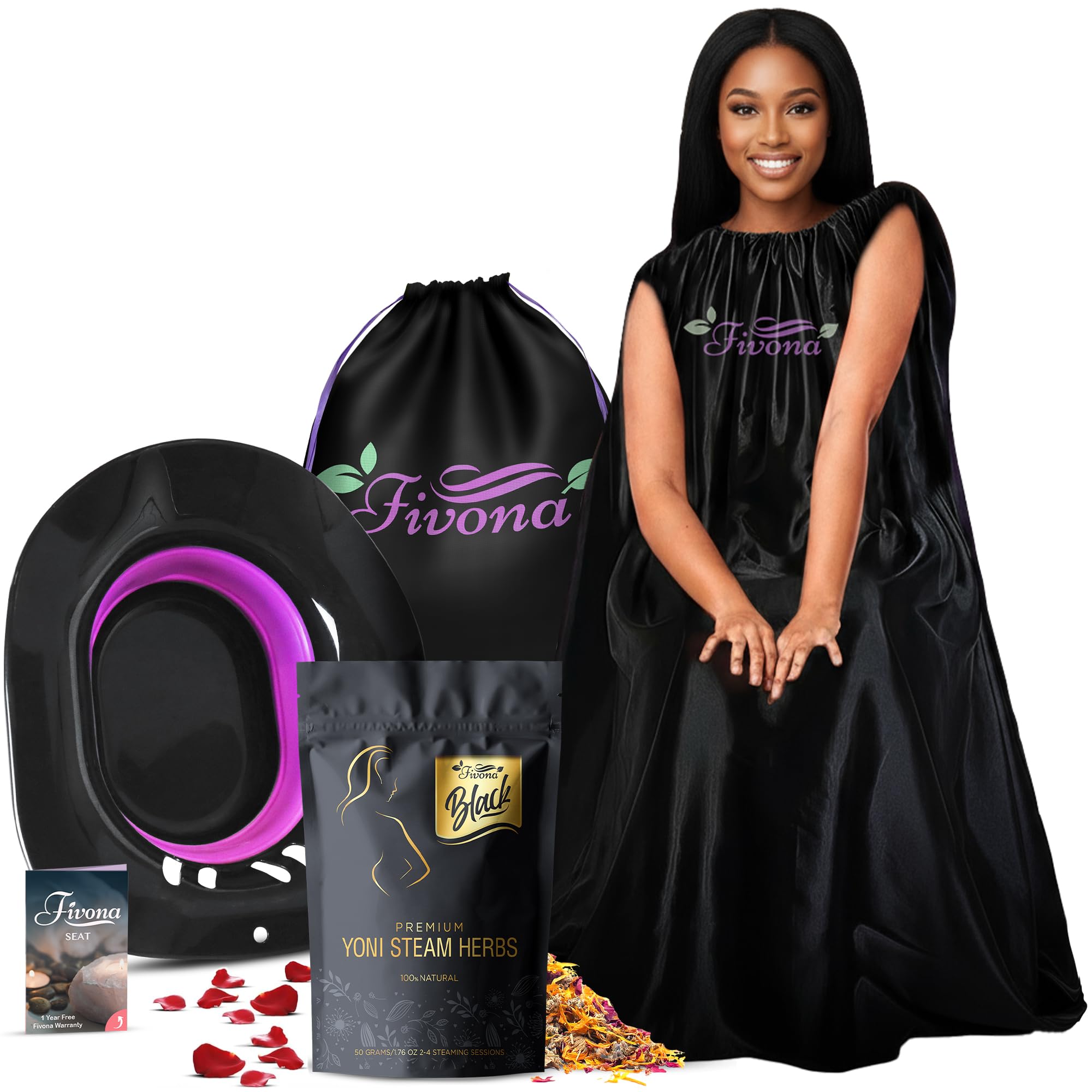 Fivona 5-in-1 Yoni Steaming Kit Foldable Over The Toilet Steamer Seat with Black Red Pink Premium Yoni Herbs and Storage Bag - Effective Detox pH Balance Cleansing and Relaxation - at Home V-SPA