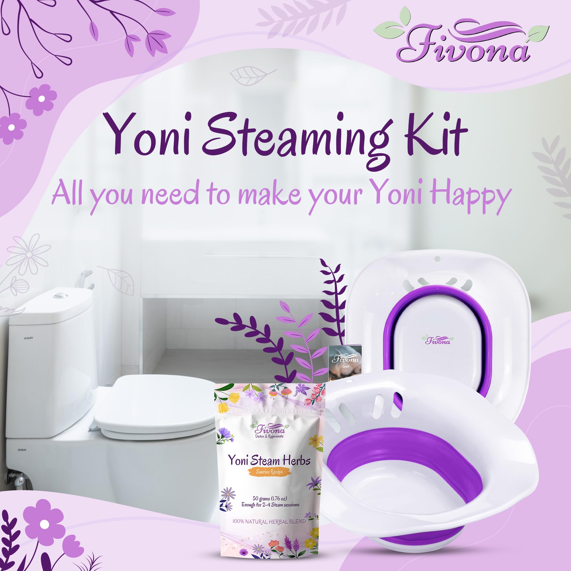 Fivona Yoni Steam Kit 2-in-1 Seat with V Steaming Herbs Sunrise Recipe for Detox, Cleansing, PH Balance and Odor Control