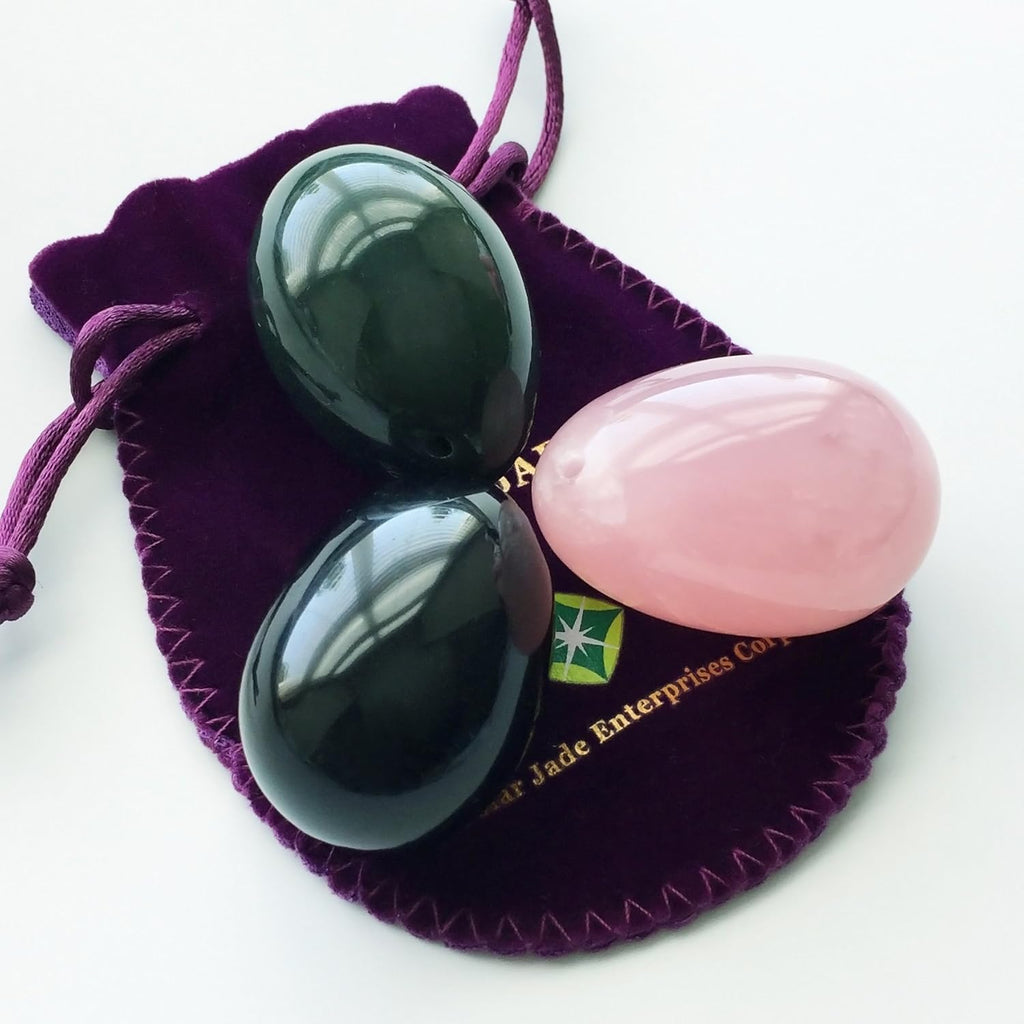 Set of 3 Gemstones Eggs Made of Nephrite Jade, Rose Quartz & Obsidian, All Medium Size and Drilled, with Thread, User Instructions and Certificates, by Polar Jade