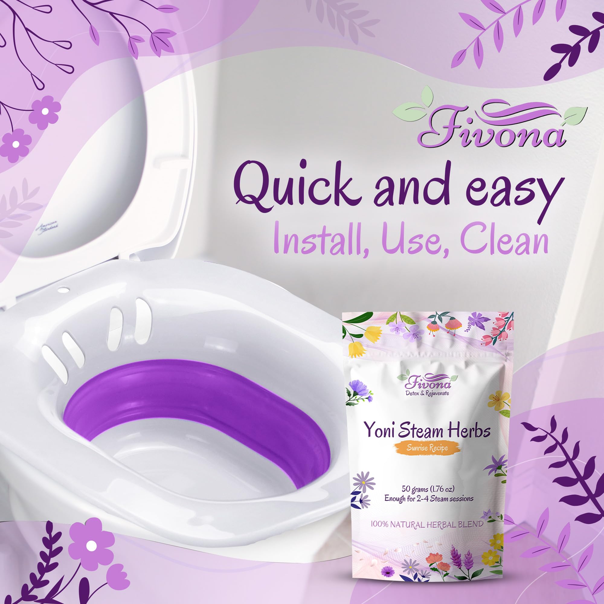 Fivona Yoni Steam Kit 2-in-1 Seat with V Steaming Herbs Sunrise Recipe for Detox, Cleansing, PH Balance and Odor Control