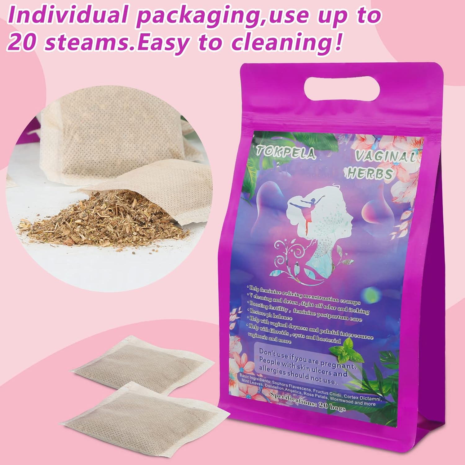 Yoni Herbs for Cleansing and Tightening, 100% Organic V Steaming Herbs (Filter Bag Packaging, Yoni Kit，V Steam Herbs Tone & Rejuvenate for Women - V Cleansing, Ph Balance, 20 Steams