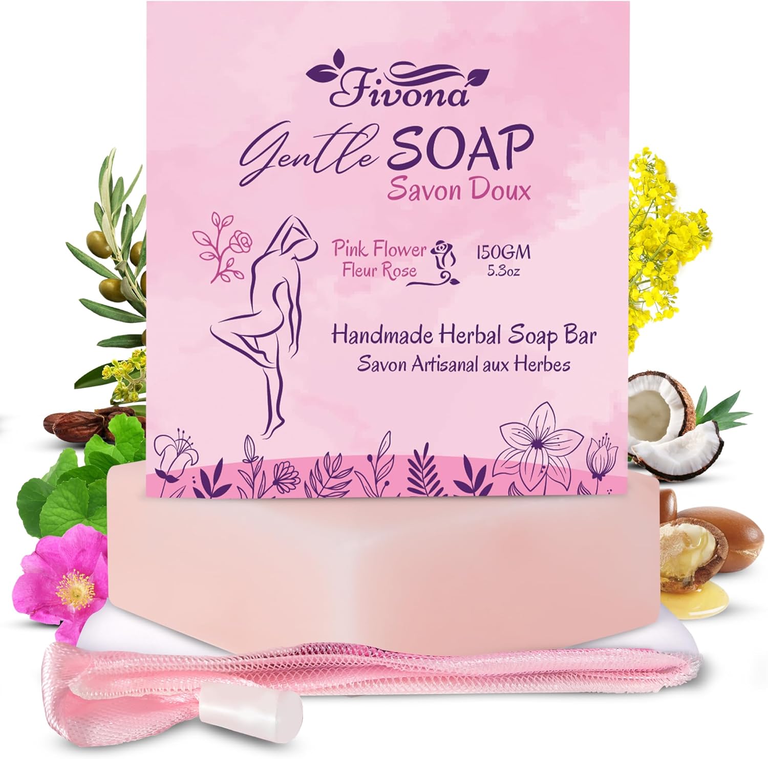 FIVONA Yoni Soap Herbal Bar 5.3oz for Gentle Feminine Intimate Wash and Whole Body All-Natural Handmade Includes Exfoliating Scrubber Foaming Net - Natural Vagi Cleansing