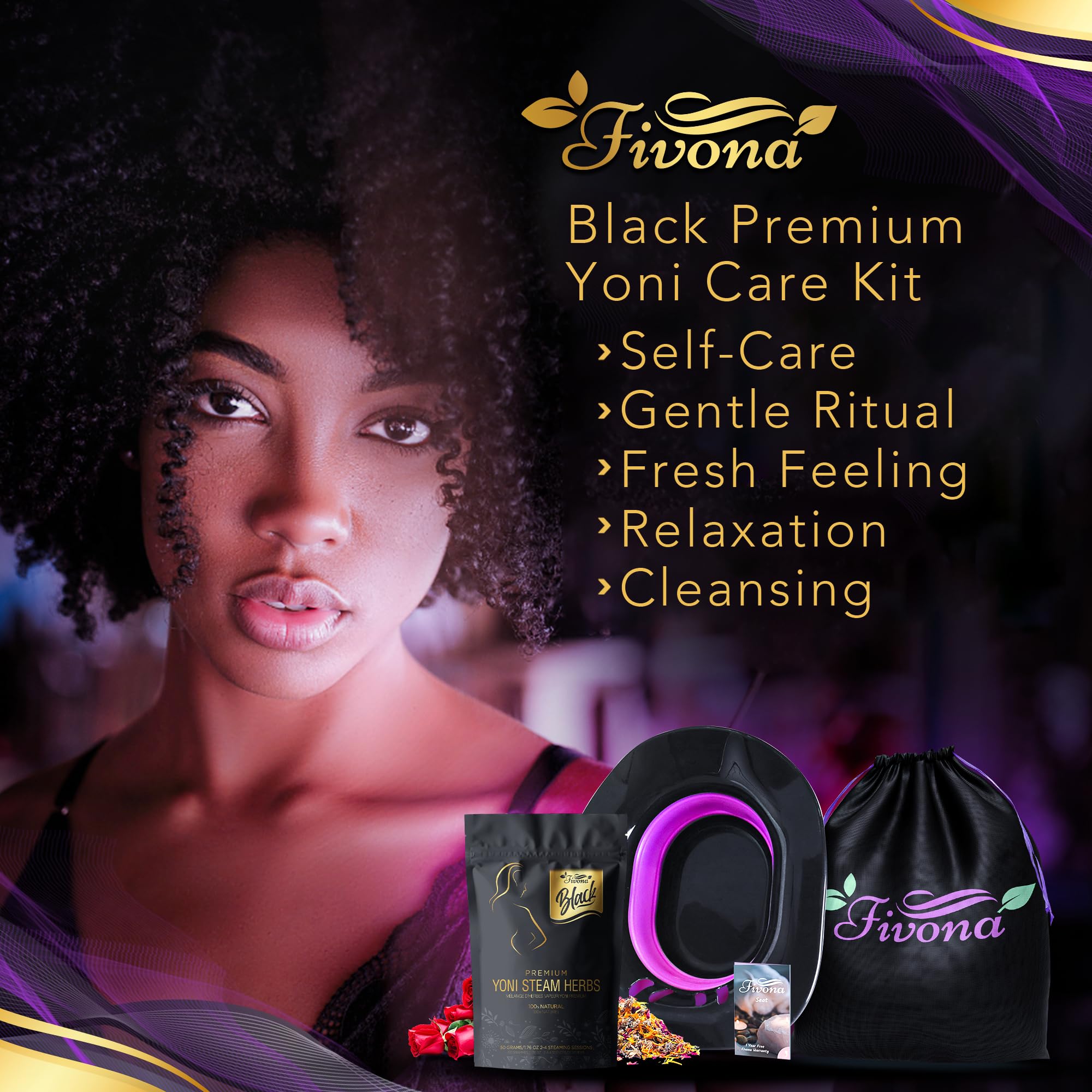 Fivona 5-in-1 Yoni Steaming Kit Foldable Over The Toilet Steamer Seat with Black Red Pink Premium Yoni Herbs and Storage Bag - Effective Detox pH Balance Cleansing and Relaxation - at Home V-SPA