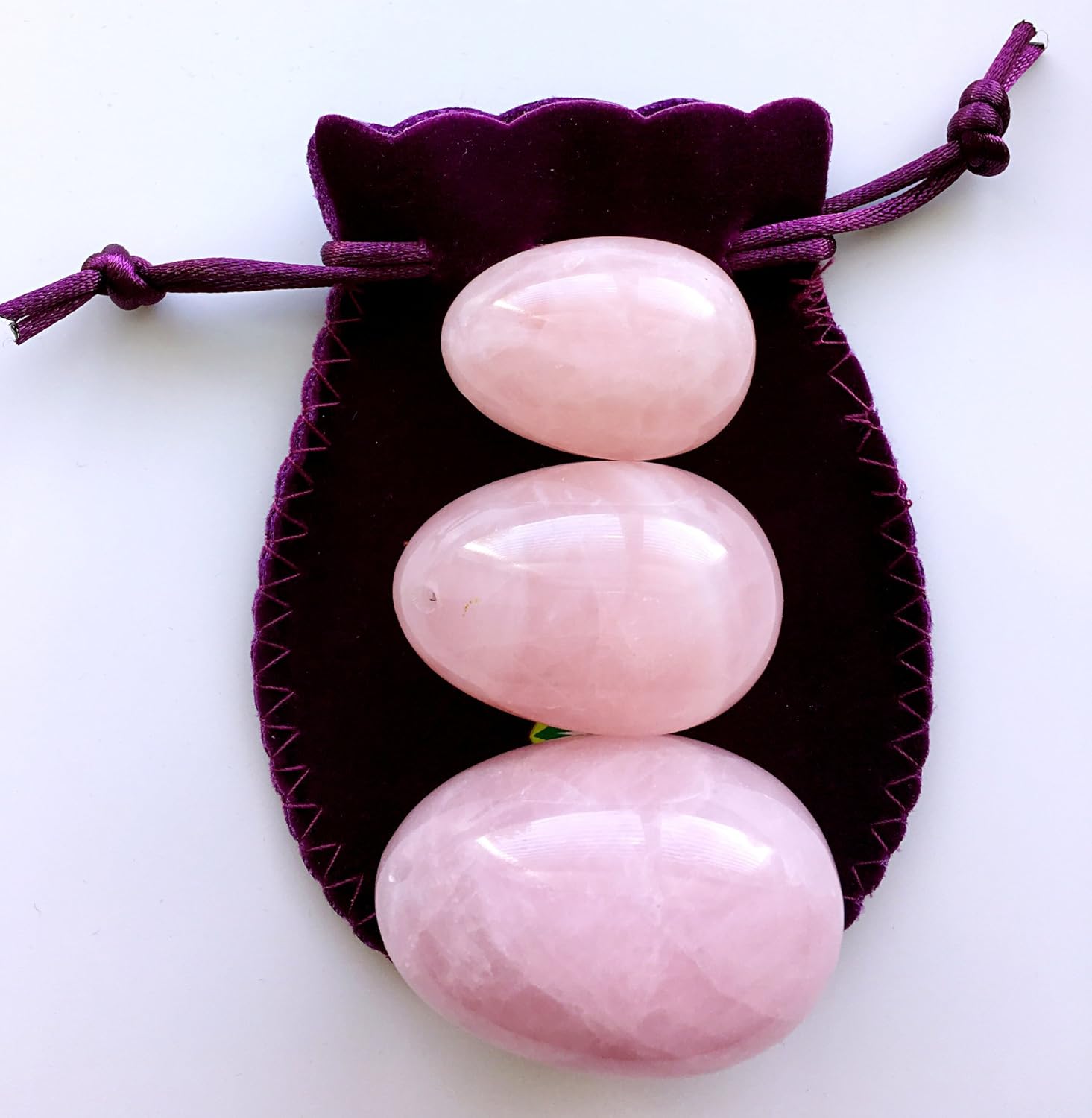 Crystal Eggs Made of Rose Quartz Stone 3-PCS Set, Drilled, Large, Medium and Small 3-Size,for Beginner, Intermediate and Advanced Users, by Polar Jade