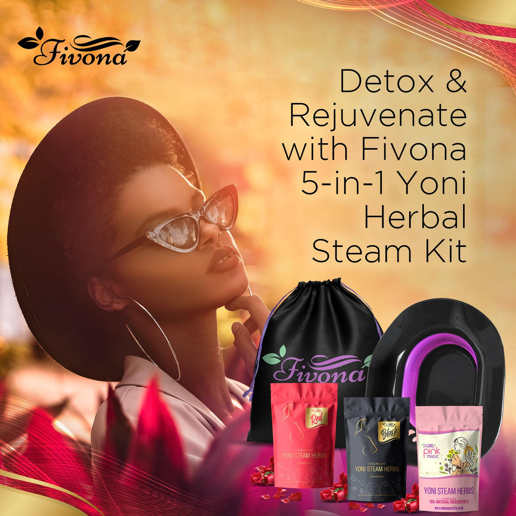 Fivona 5-in-1 Yoni Steaming Kit Foldable Over The Toilet Steamer Seat with Black Red Pink Premium Yoni Herbs and Storage Bag - Effective Detox pH Balance Cleansing and Relaxation - at Home V-SPA