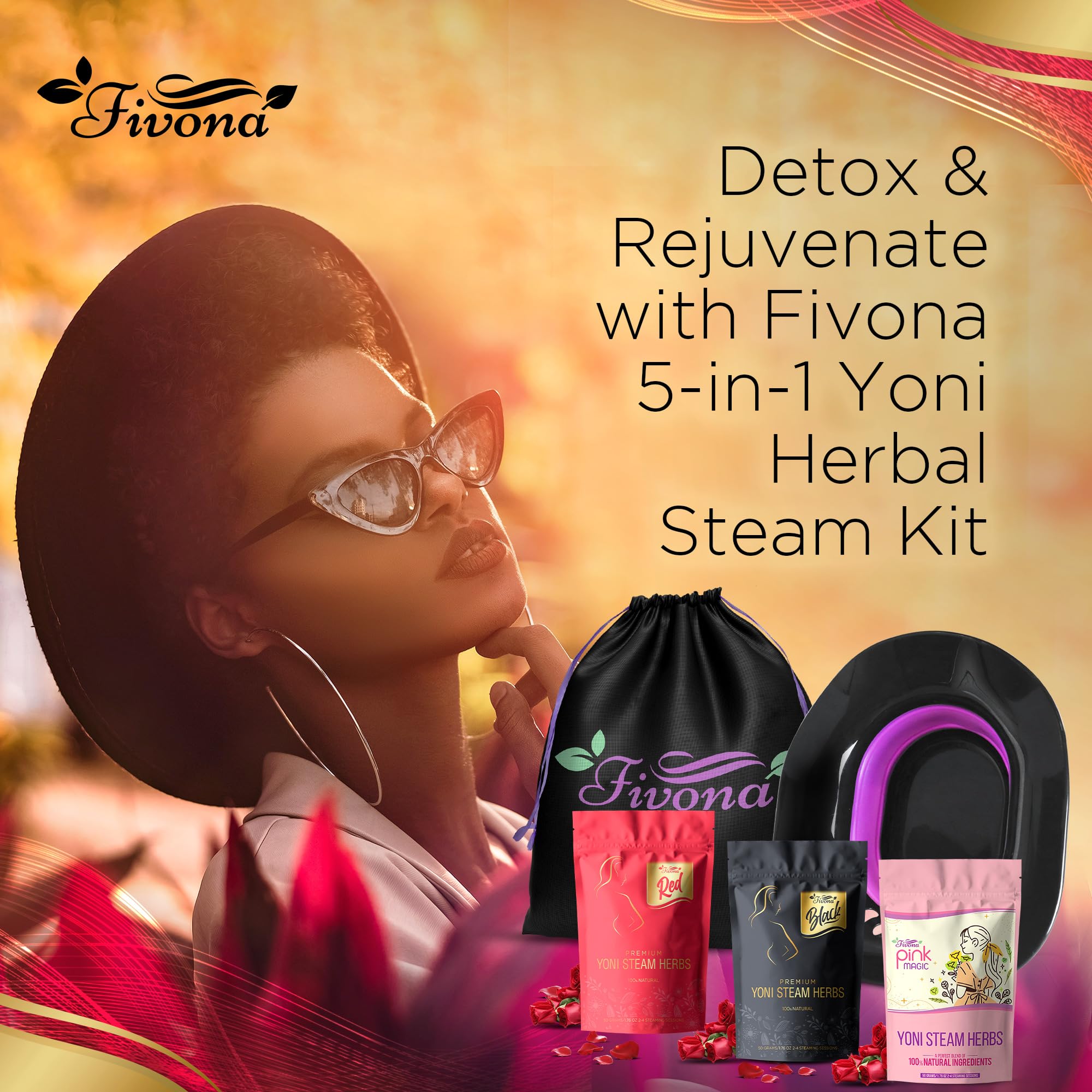 Fivona 5-in-1 Yoni Steaming Kit Foldable Over The Toilet Steamer Seat with Black Red Pink Premium Yoni Herbs and Storage Bag - Effective Detox pH Balance Cleansing and Relaxation - at Home V-SPA