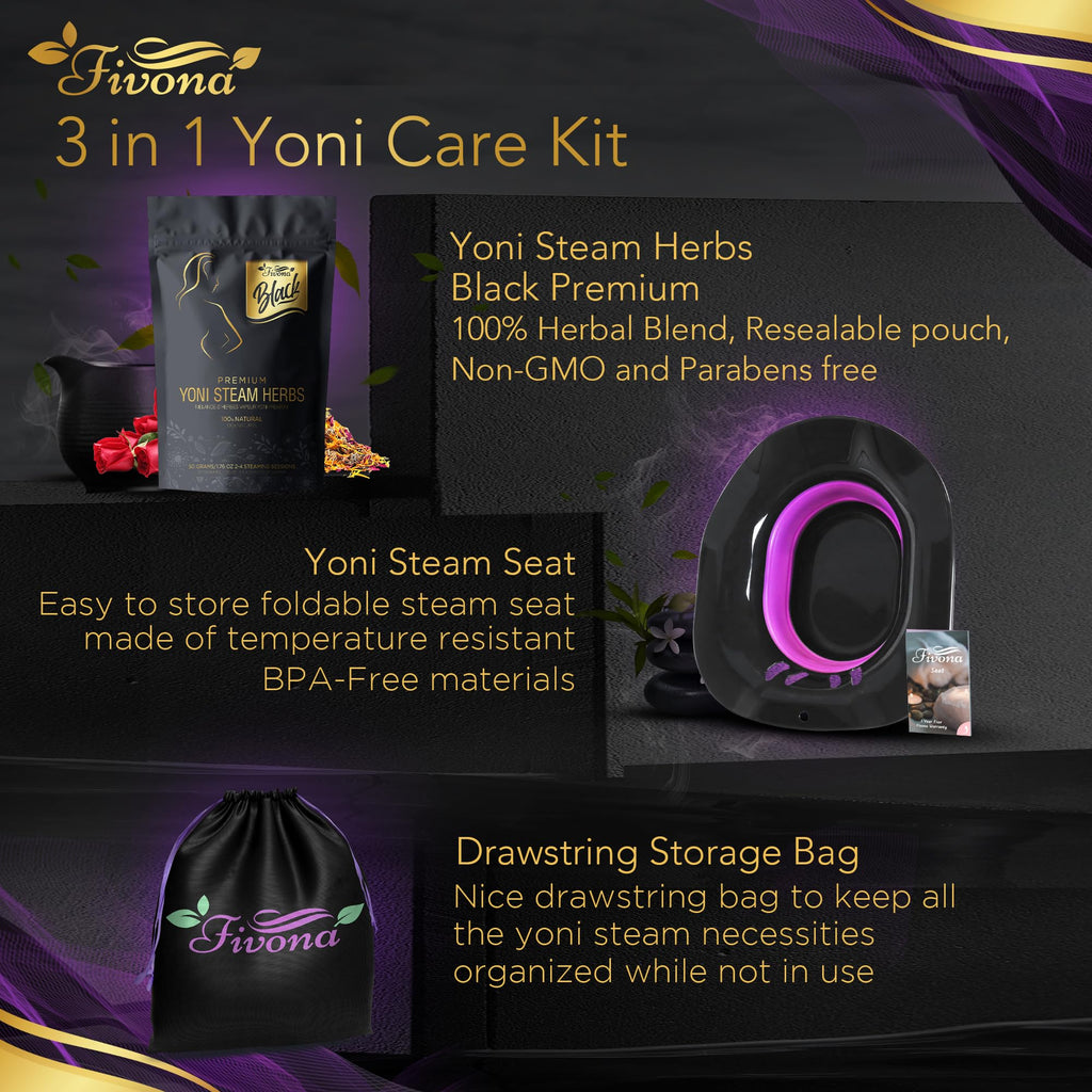 Fivona 5-in-1 Yoni Steaming Kit Foldable Over The Toilet Steamer Seat with Black Red Pink Premium Yoni Herbs and Storage Bag - Effective Detox pH Balance Cleansing and Relaxation - at Home V-SPA