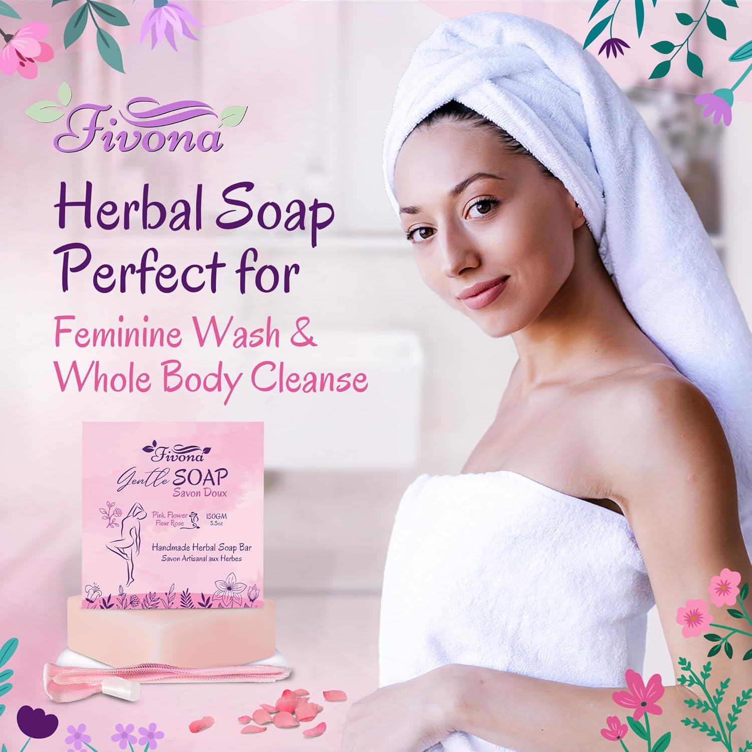 FIVONA Yoni Soap Herbal Bar 5.3oz for Gentle Feminine Intimate Wash and Whole Body All-Natural Handmade Includes Exfoliating Scrubber Foaming Net - Natural Vagi Cleansing