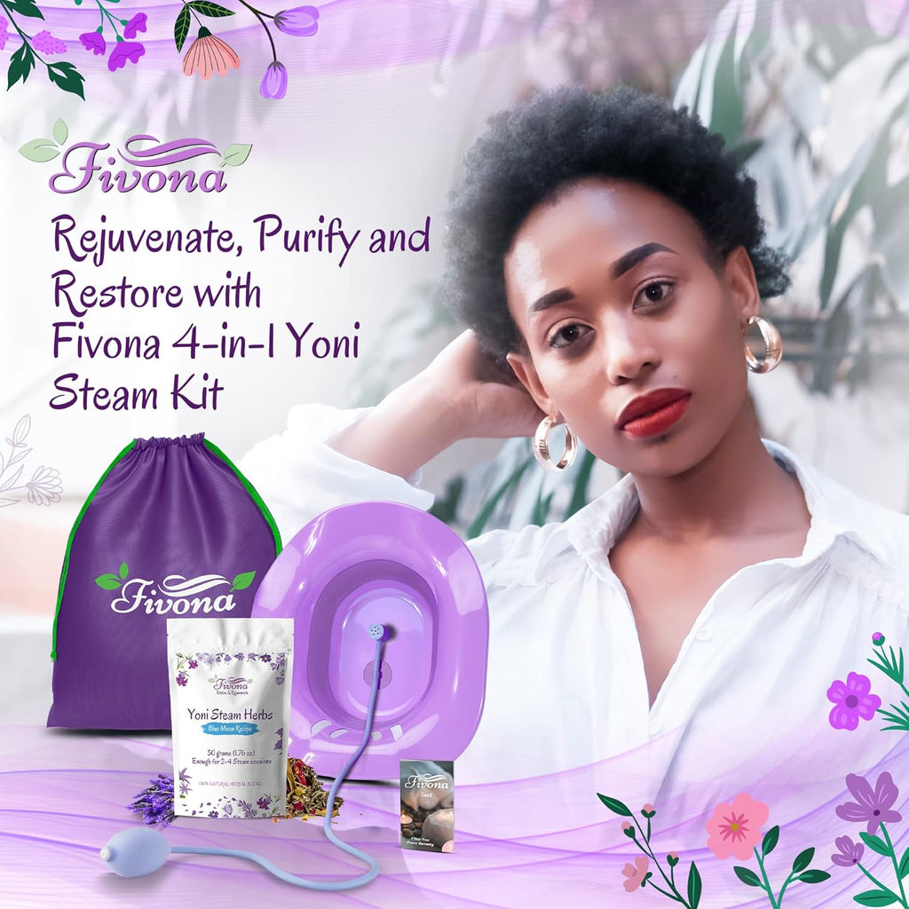 Fivona Yoni Steam Kit 4-in-1 Bundle of Expandable Steaming Seat for Toilet Pump Storage Bag and All Natural Blue Moon Yoni Steam Herbs for V-Steam Therapy Cleansing Detox