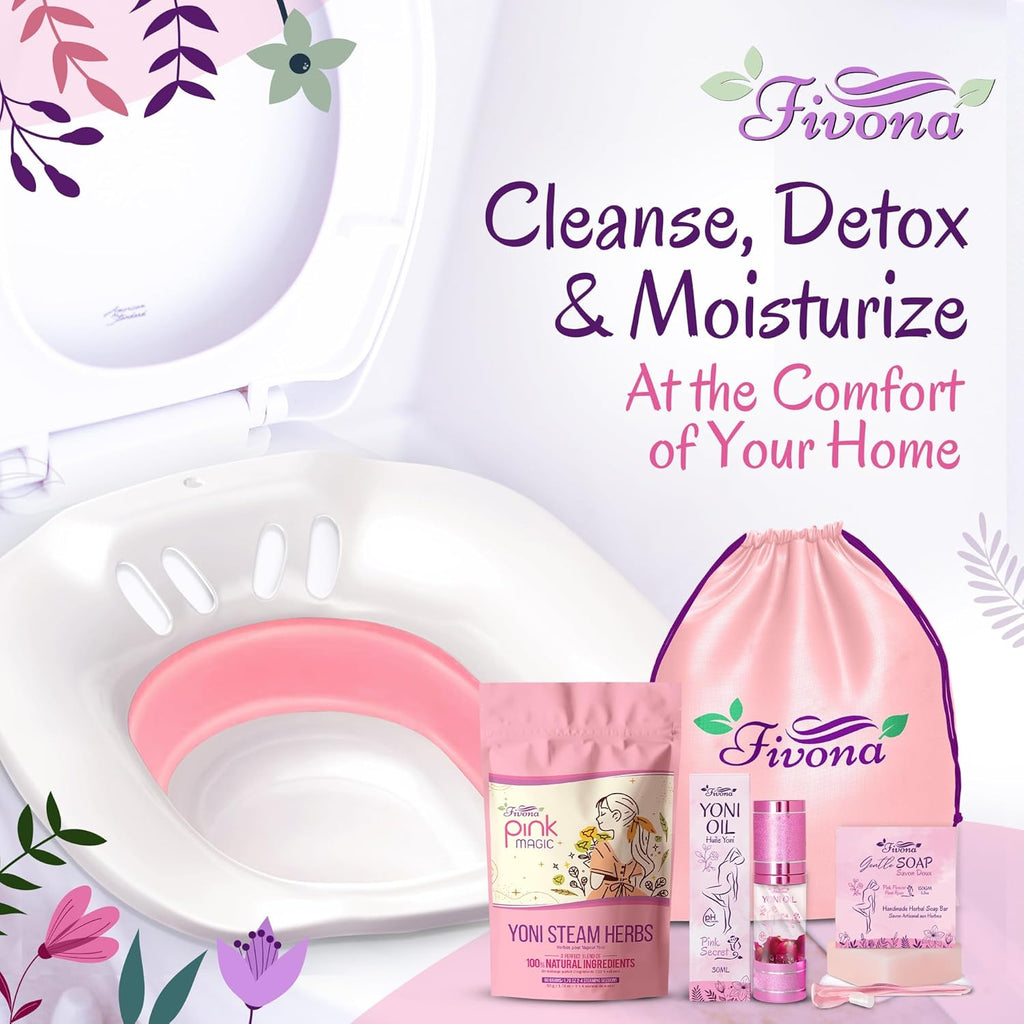 Fivona Yoni Care Kit 5-in-1 V-Steaming Set Includes Sitz Bath Seat, Pink Magic Herbs, Feminine Oil, Herbal Soap, Storage Bag, All Natural Herbal Vaginal Care Set