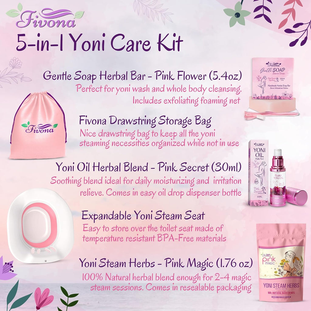 Fivona Yoni Care Kit 5-in-1 V-Steaming Set Includes Sitz Bath Seat, Pink Magic Herbs, Feminine Oil, Herbal Soap, Storage Bag, All Natural Herbal Vaginal Care Set
