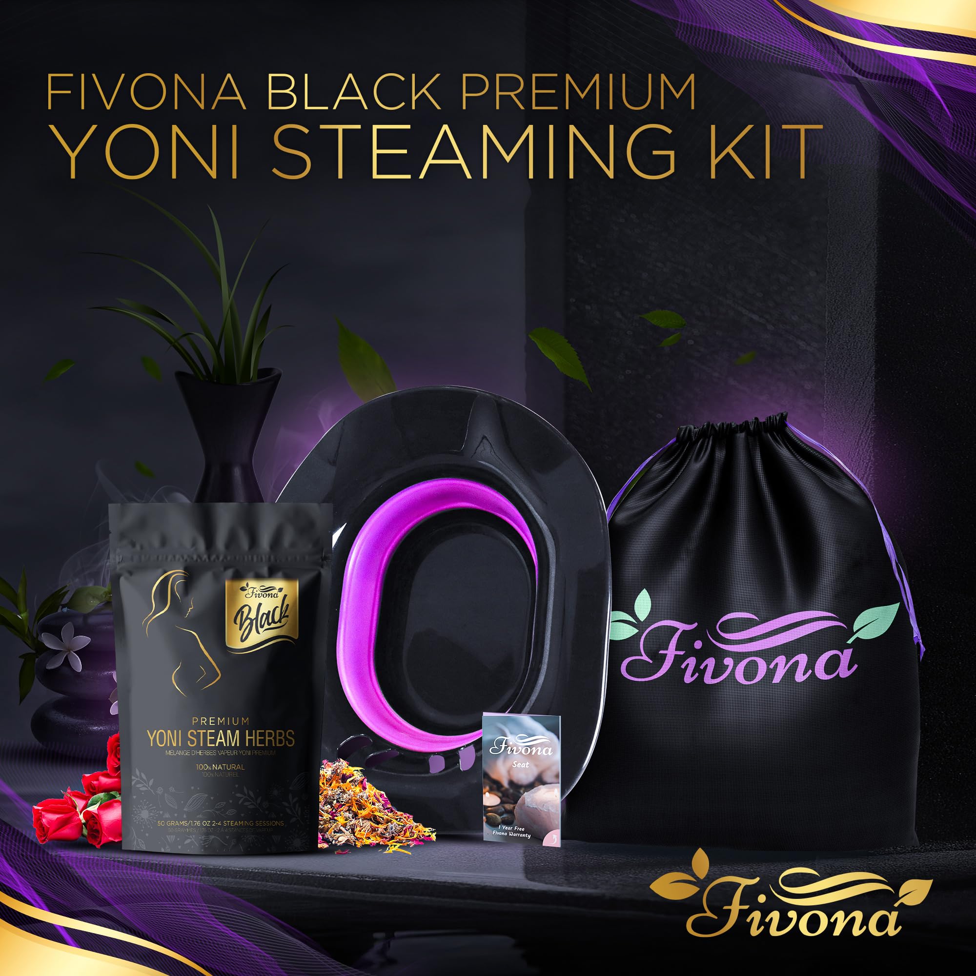 Fivona 5-in-1 Yoni Steaming Kit Foldable Over The Toilet Steamer Seat with Black Red Pink Premium Yoni Herbs and Storage Bag - Effective Detox pH Balance Cleansing and Relaxation - at Home V-SPA