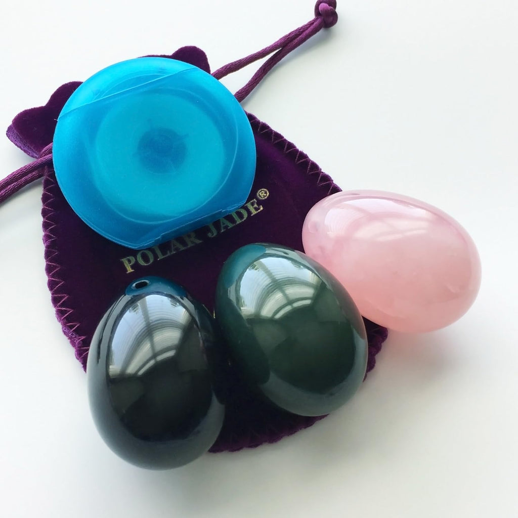 Set of 3 Gemstones Eggs Made of Nephrite Jade, Rose Quartz & Obsidian, All Medium Size and Drilled, with Thread, User Instructions and Certificates, by Polar Jade