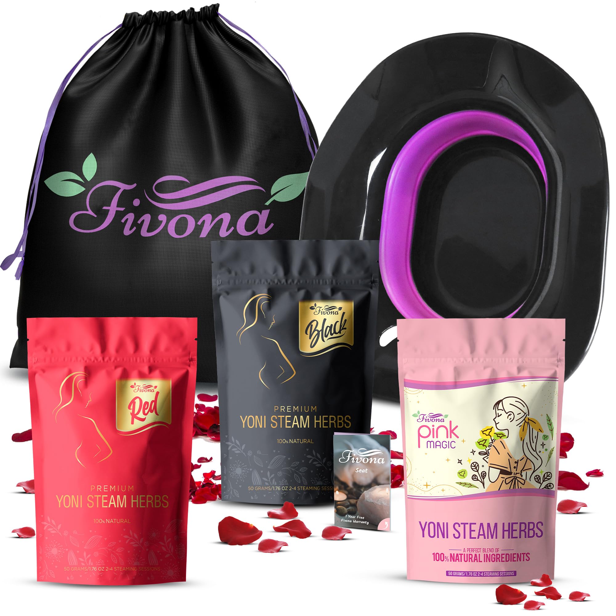 Fivona 5-in-1 Yoni Steaming Kit Foldable Over The Toilet Steamer Seat with Black Red Pink Premium Yoni Herbs and Storage Bag - Effective Detox pH Balance Cleansing and Relaxation - at Home V-SPA