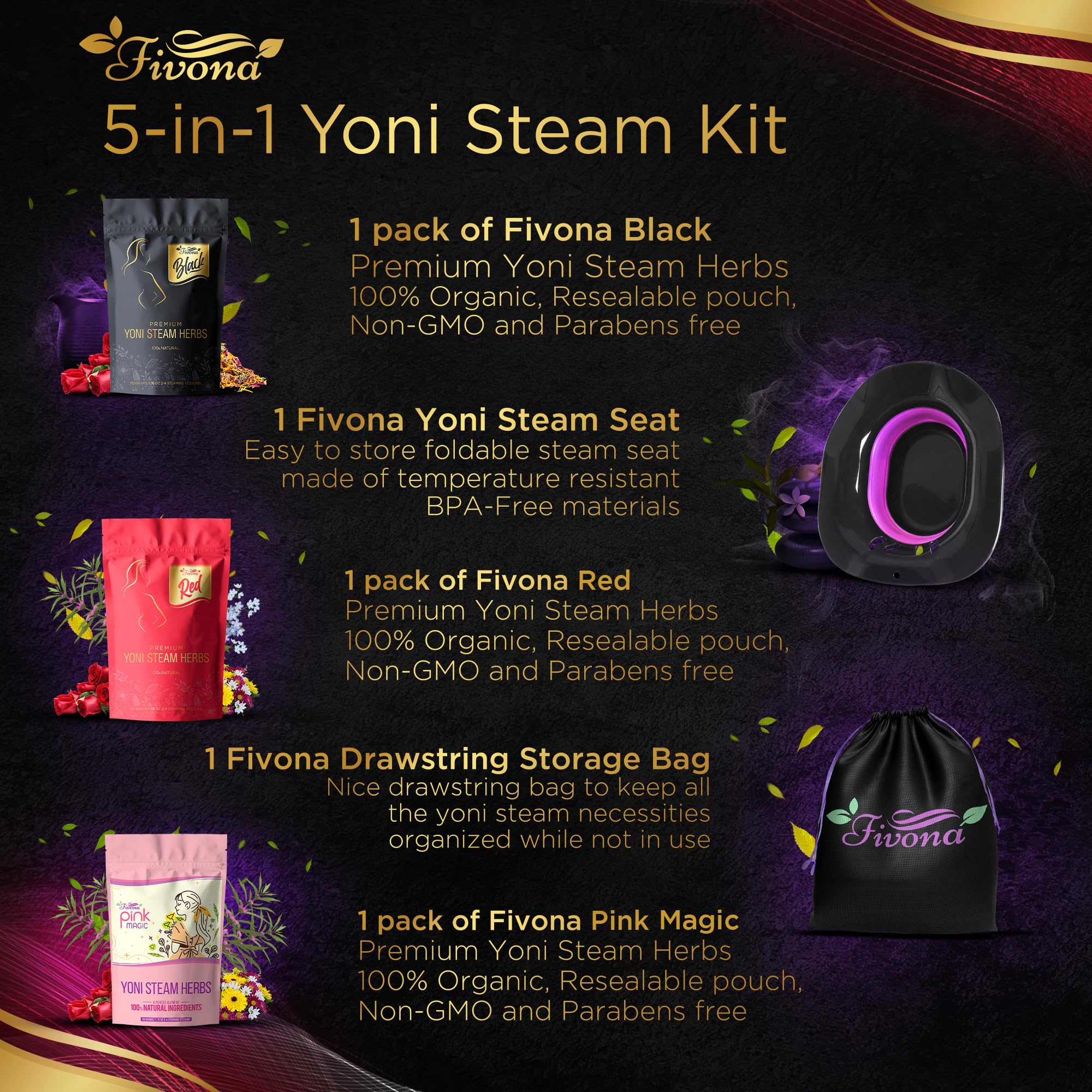 Fivona 5-in-1 Yoni Steaming Kit Foldable Over The Toilet Steamer Seat with Black Red Pink Premium Yoni Herbs and Storage Bag - Effective Detox pH Balance Cleansing and Relaxation - at Home V-SPA