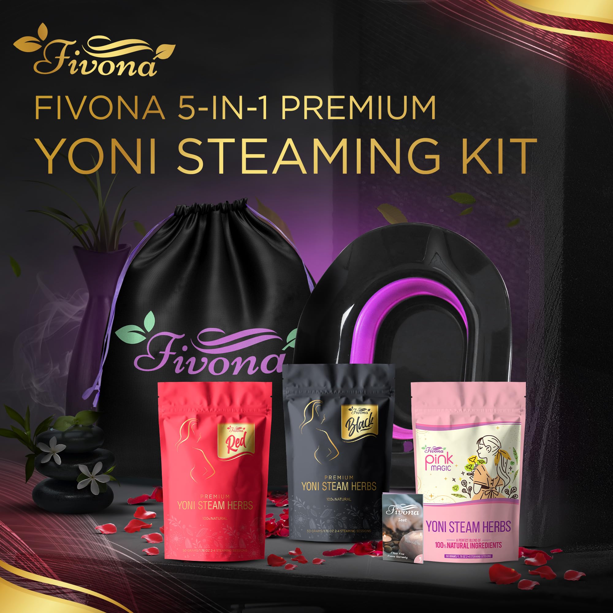 Fivona 5-in-1 Yoni Steaming Kit Foldable Over The Toilet Steamer Seat with Black Red Pink Premium Yoni Herbs and Storage Bag - Effective Detox pH Balance Cleansing and Relaxation - at Home V-SPA