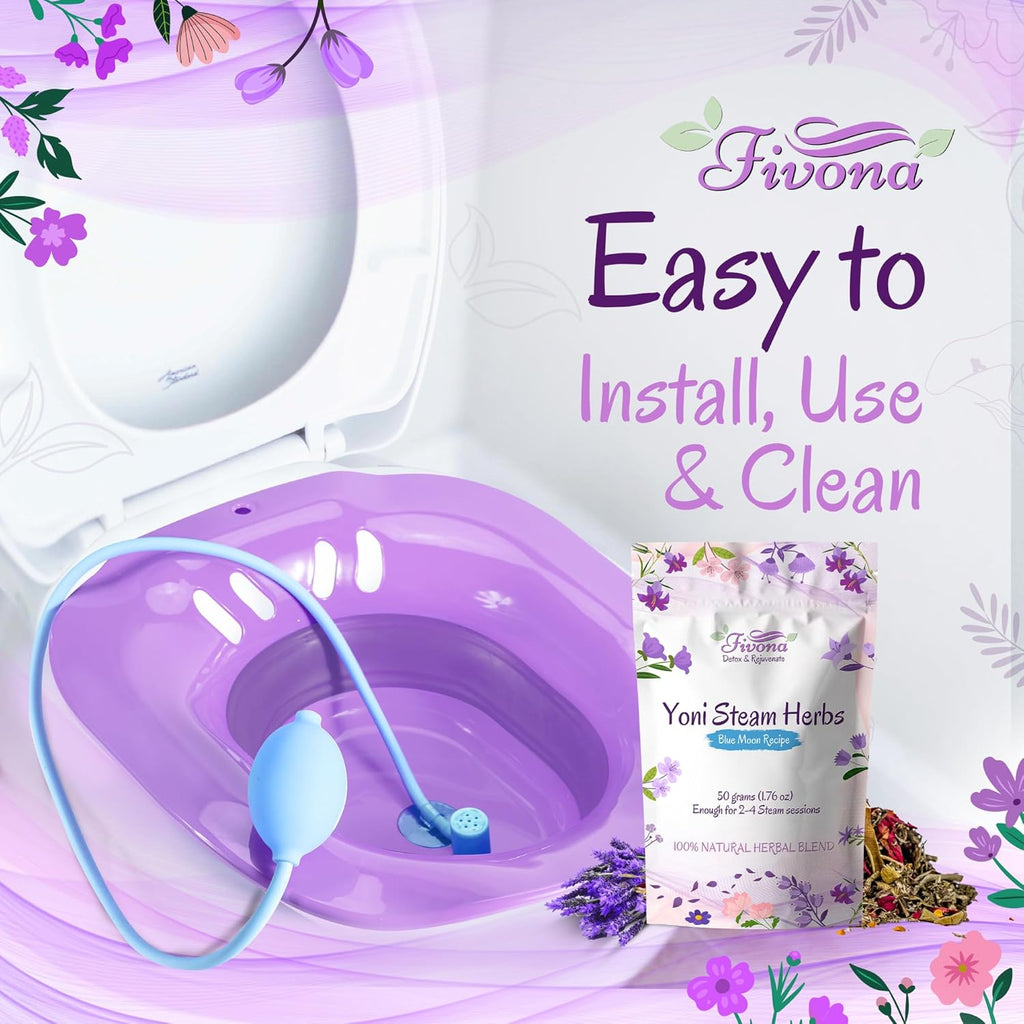 Fivona Yoni Steam Kit 4-in-1 Bundle of Expandable Steaming Seat for Toilet Pump Storage Bag and All Natural Blue Moon Yoni Steam Herbs for V-Steam Therapy Cleansing Detox