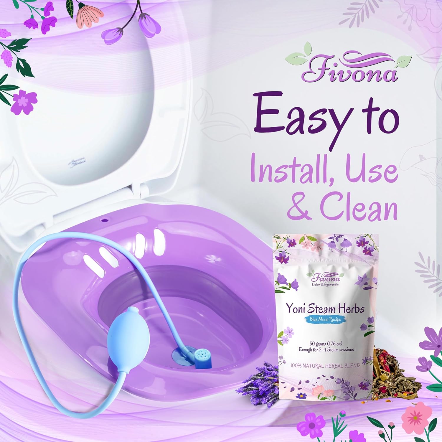 Fivona Yoni Steam Kit 4-in-1 Bundle of Expandable Steaming Seat for Toilet Pump Storage Bag and All Natural Blue Moon Yoni Steam Herbs for V-Steam Therapy Cleansing Detox