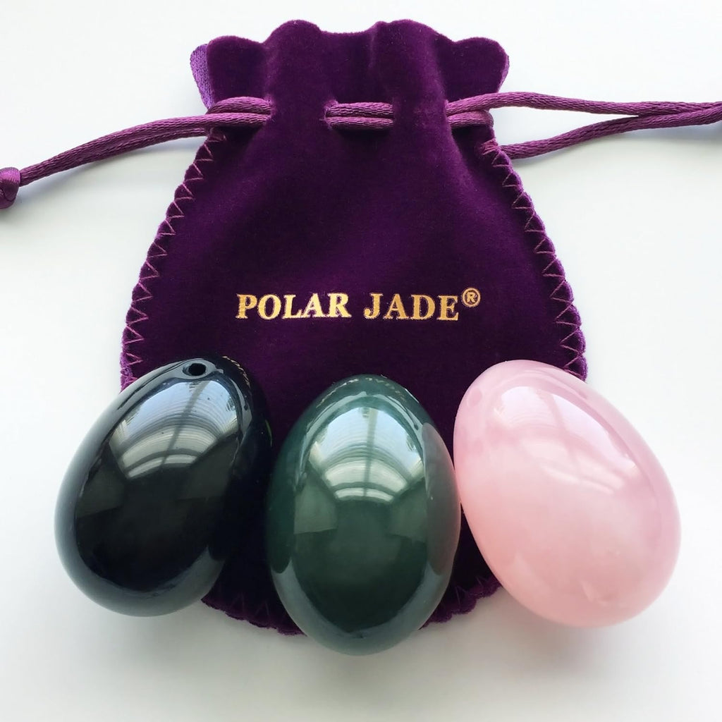Set of 3 Gemstones Eggs Made of Nephrite Jade, Rose Quartz & Obsidian, All Medium Size and Drilled, with Thread, User Instructions and Certificates, by Polar Jade