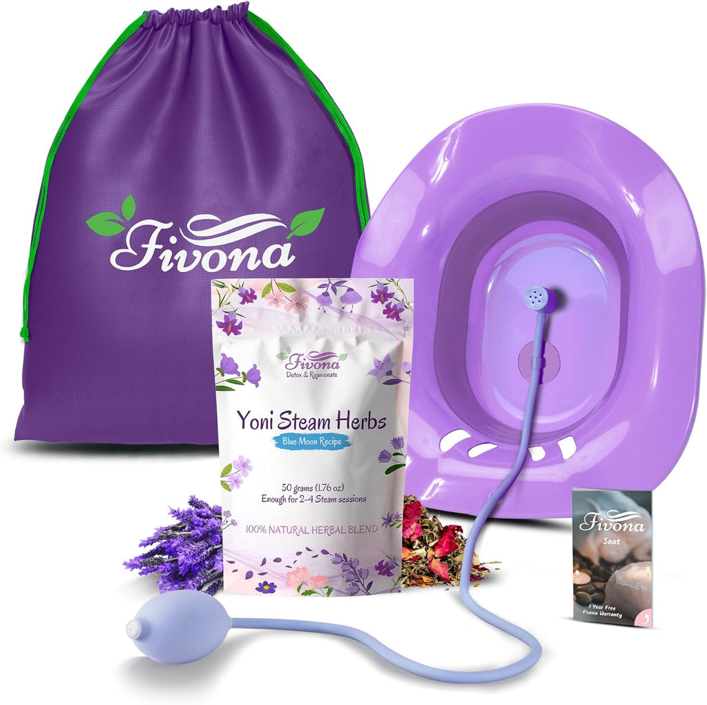 Fivona Yoni Steam Kit 4-in-1 Bundle of Expandable Steaming Seat for Toilet Pump Storage Bag and All Natural Blue Moon Yoni Steam Herbs for V-Steam Therapy Cleansing Detox