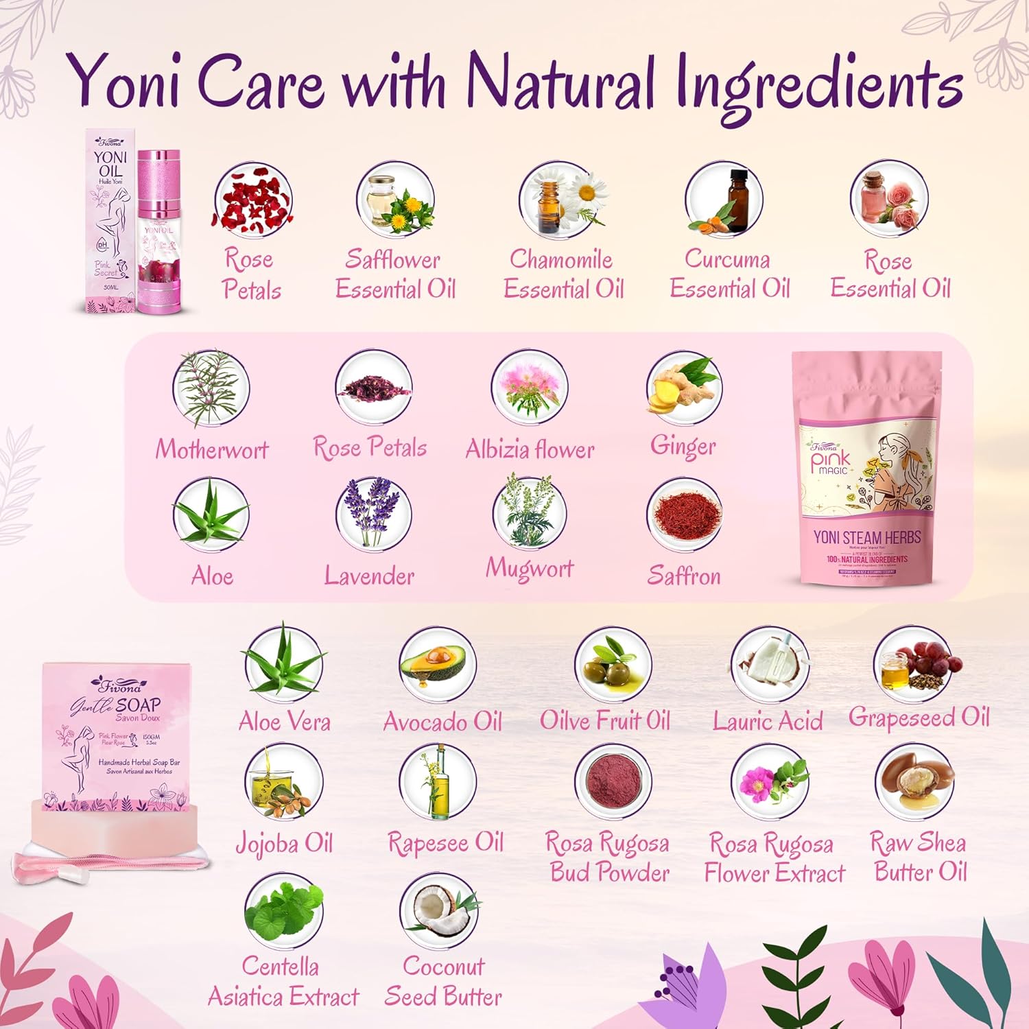 Fivona Yoni Care Kit 5-in-1 V-Steaming Set Includes Sitz Bath Seat, Pink Magic Herbs, Feminine Oil, Herbal Soap, Storage Bag, All Natural Herbal Vaginal Care Set
