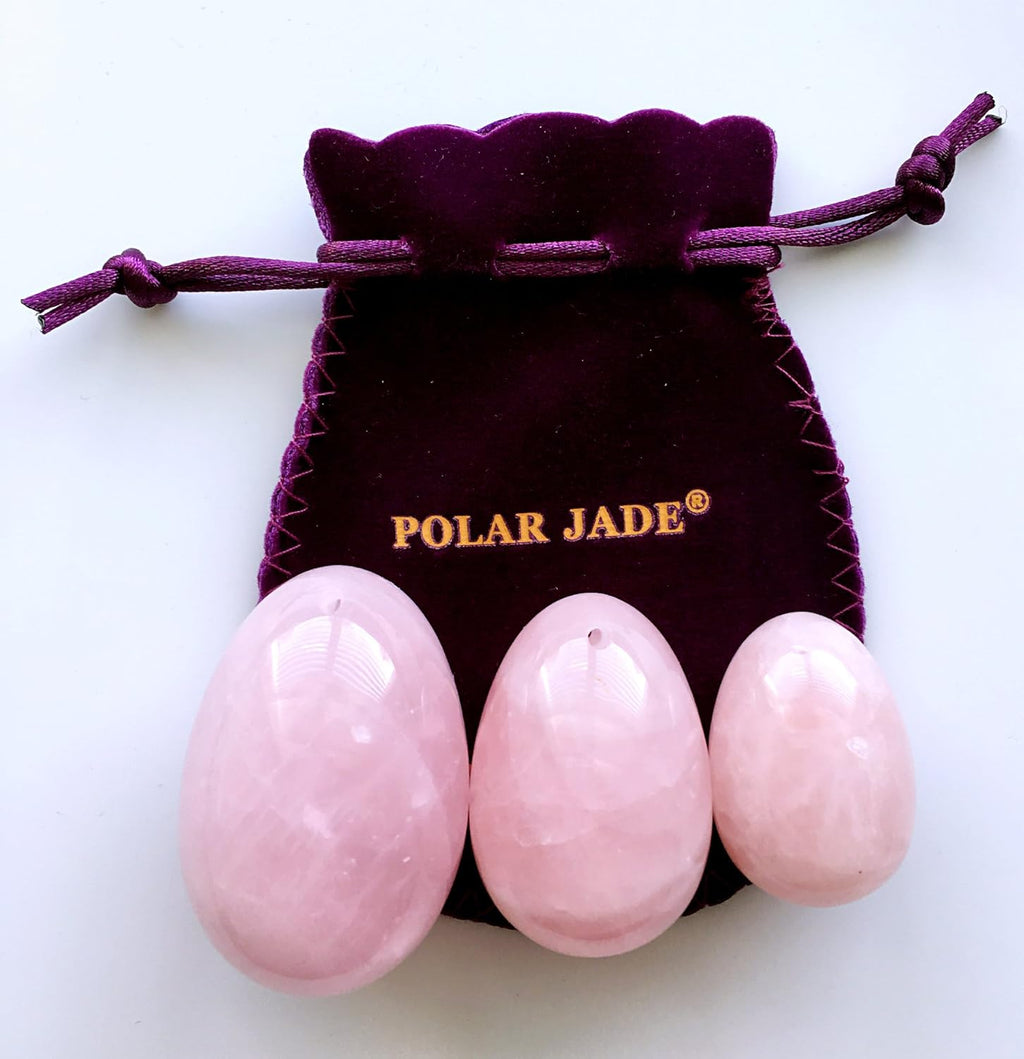 Crystal Eggs Made of Rose Quartz Stone 3-PCS Set, Drilled, Large, Medium and Small 3-Size,for Beginner, Intermediate and Advanced Users, by Polar Jade