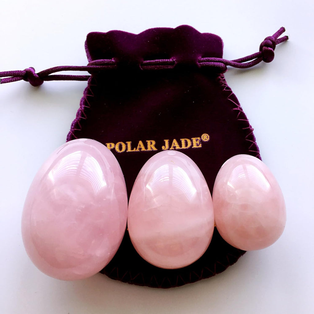 Crystal Eggs Made of Rose Quartz Stone 3-PCS Set, Drilled, Large, Medium and Small 3-Size,for Beginner, Intermediate and Advanced Users, by Polar Jade