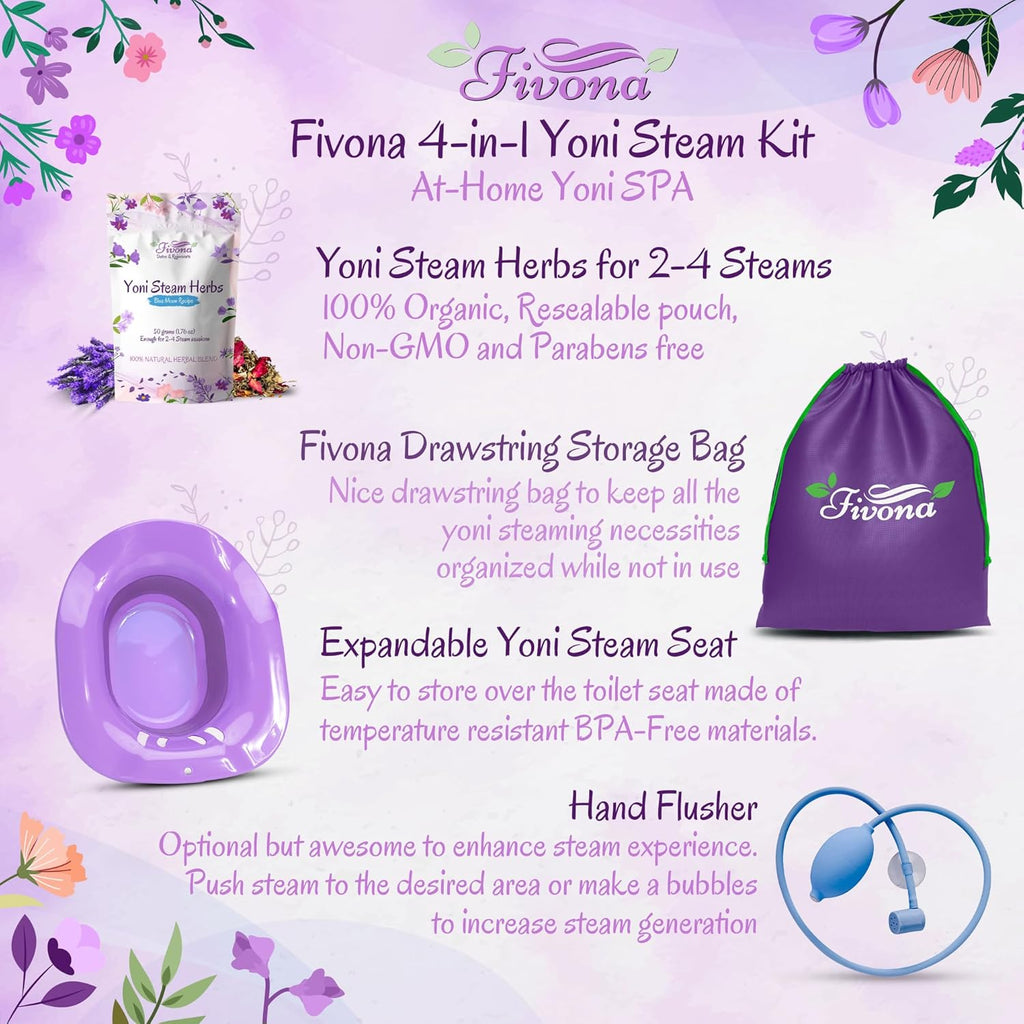 Fivona Yoni Steam Kit 4-in-1 Bundle of Expandable Steaming Seat for Toilet Pump Storage Bag and All Natural Blue Moon Yoni Steam Herbs for V-Steam Therapy Cleansing Detox
