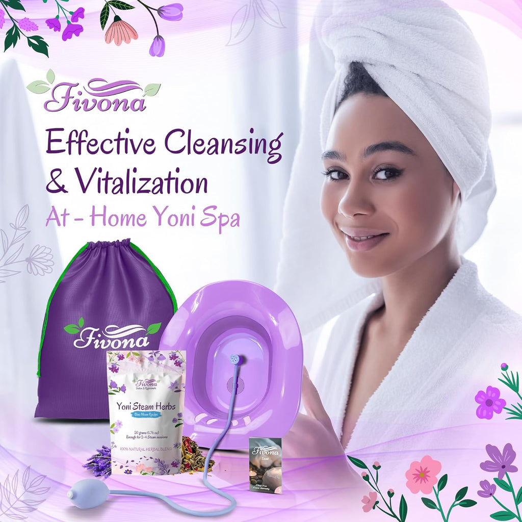 Fivona Yoni Steam Kit 4-in-1 Bundle of Expandable Steaming Seat for Toilet Pump Storage Bag and All Natural Blue Moon Yoni Steam Herbs for V-Steam Therapy Cleansing Detox