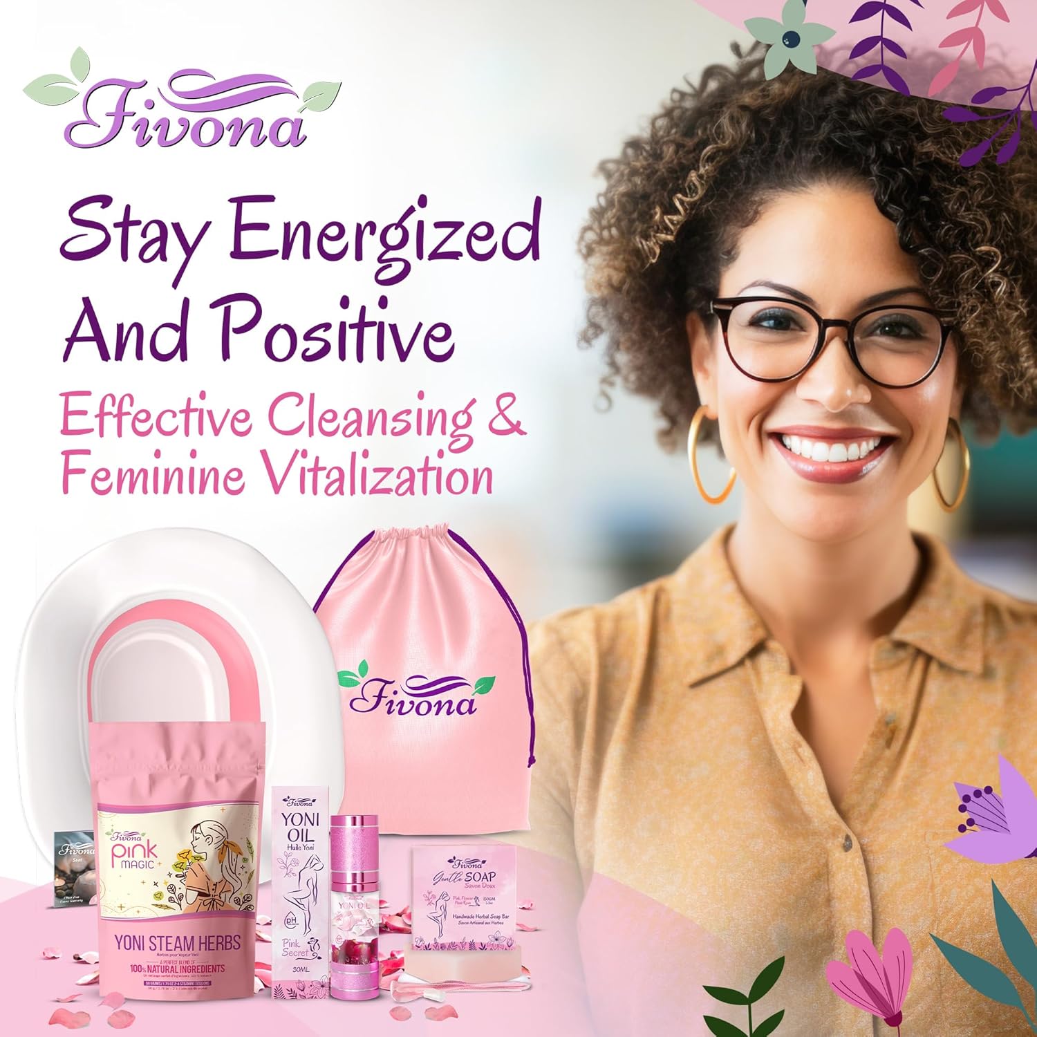 Fivona Yoni Care Kit 5-in-1 V-Steaming Set Includes Sitz Bath Seat, Pink Magic Herbs, Feminine Oil, Herbal Soap, Storage Bag, All Natural Herbal Vaginal Care Set