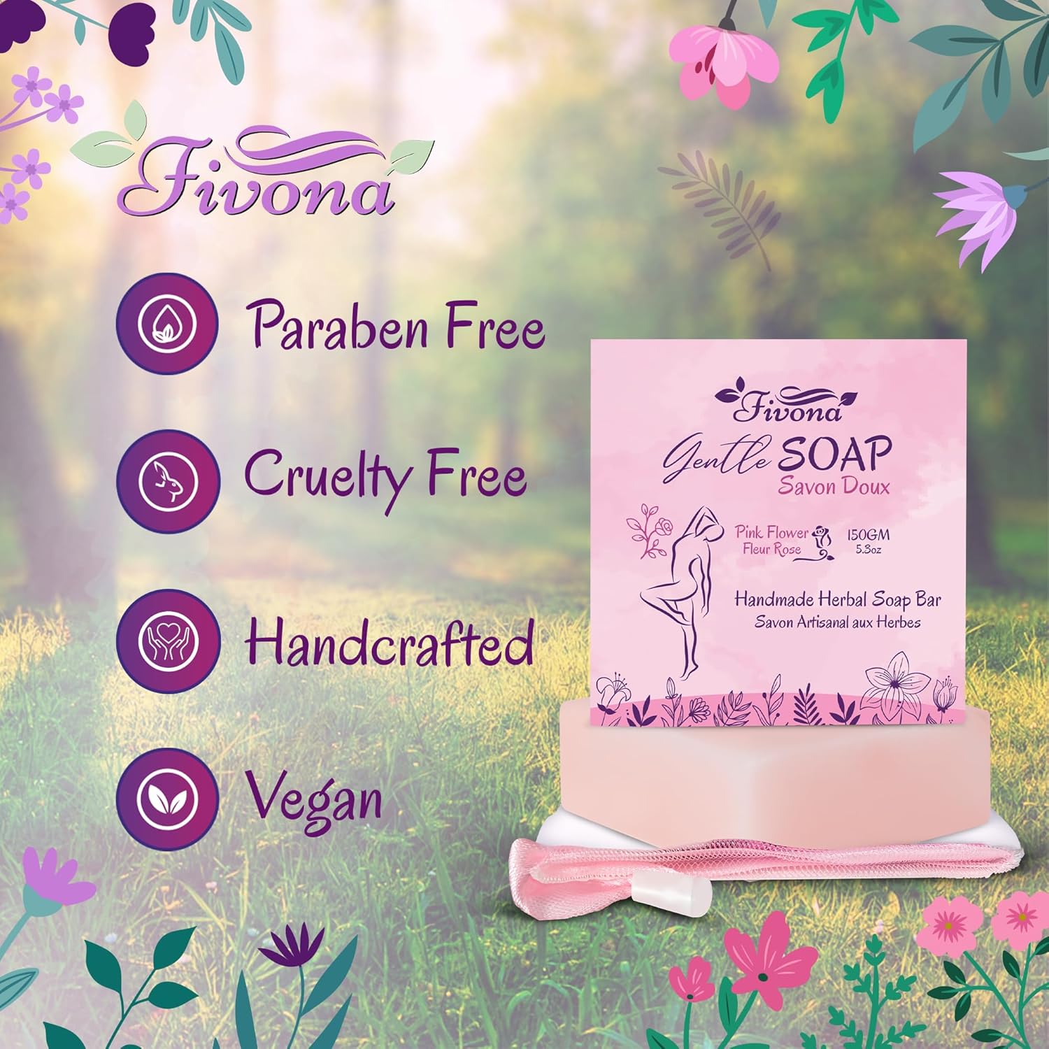 FIVONA Yoni Soap Herbal Bar 5.3oz for Gentle Feminine Intimate Wash and Whole Body All-Natural Handmade Includes Exfoliating Scrubber Foaming Net - Natural Vagi Cleansing