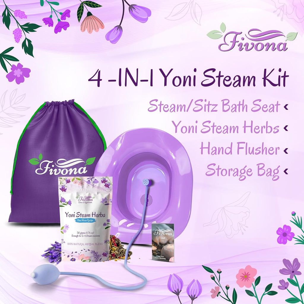 Fivona Yoni Steam Kit 4-in-1 Bundle of Expandable Steaming Seat for Toilet Pump Storage Bag and All Natural Blue Moon Yoni Steam Herbs for V-Steam Therapy Cleansing Detox
