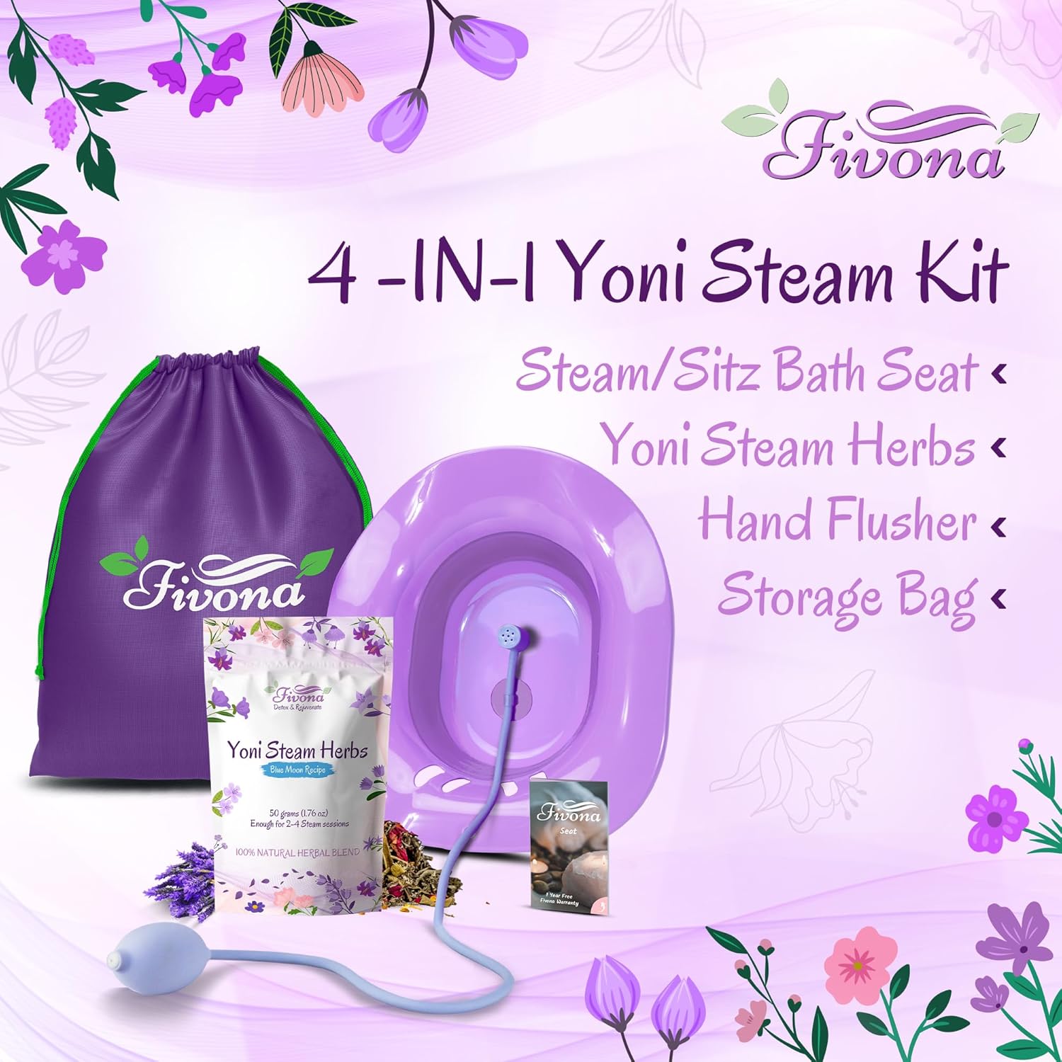 Fivona Yoni Steam Kit 4-in-1 Bundle of Expandable Steaming Seat for Toilet Pump Storage Bag and All Natural Blue Moon Yoni Steam Herbs for V-Steam Therapy Cleansing Detox