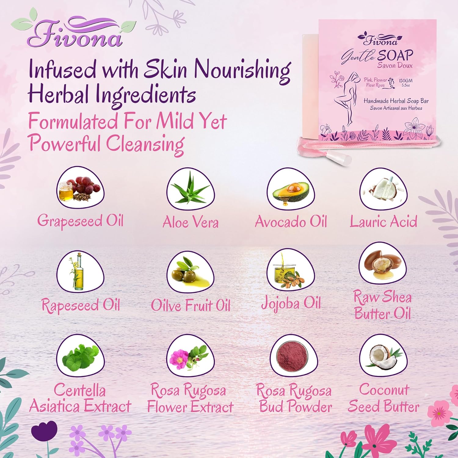 FIVONA Yoni Soap Herbal Bar 5.3oz for Gentle Feminine Intimate Wash and Whole Body All-Natural Handmade Includes Exfoliating Scrubber Foaming Net - Natural Vagi Cleansing