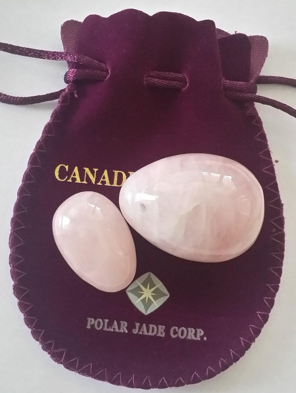 Yoni Eggs 2-pcs Set Rose Quartz Jade Eggs, Predrilled, Hand Crafted, Medium and Small 2 Sizes, with One Box Unwaxed String, User Instructions and Certificates