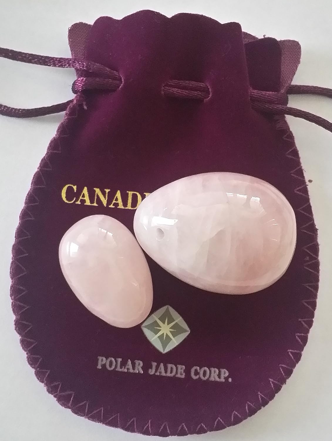 Yoni Eggs 2-pcs Set Rose Quartz Jade Eggs, Predrilled, Hand Crafted, Medium and Small 2 Sizes, with One Box Unwaxed String, User Instructions and Certificates