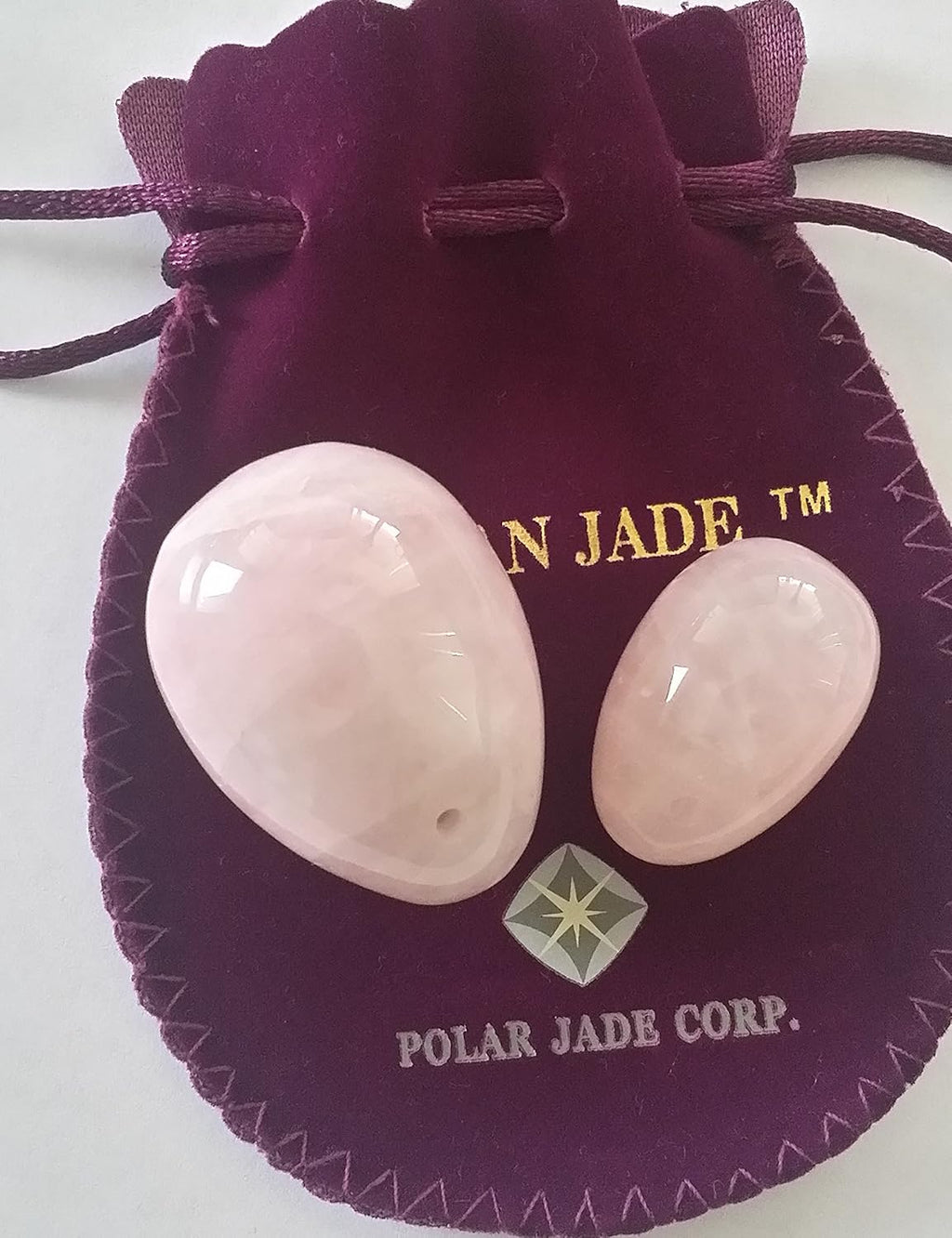Yoni Eggs 2-pcs Set Rose Quartz Jade Eggs, Predrilled, Hand Crafted, Medium and Small 2 Sizes, with One Box Unwaxed String, User Instructions and Certificates