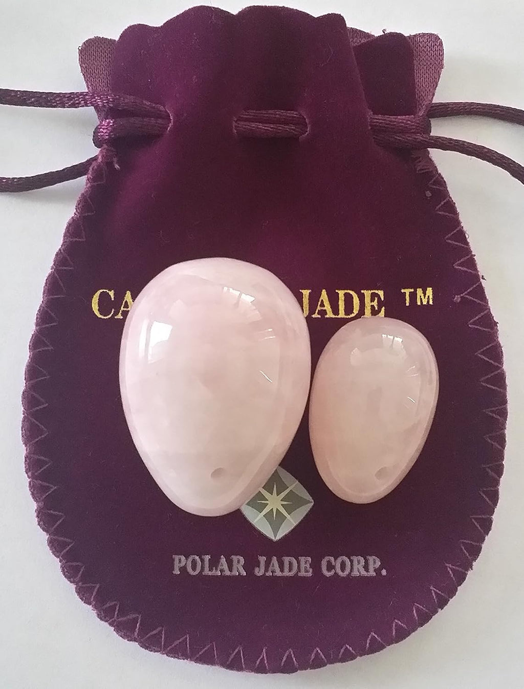 Yoni Eggs 2-pcs Set Rose Quartz Jade Eggs, Predrilled, Hand Crafted, Medium and Small 2 Sizes, with One Box Unwaxed String, User Instructions and Certificates